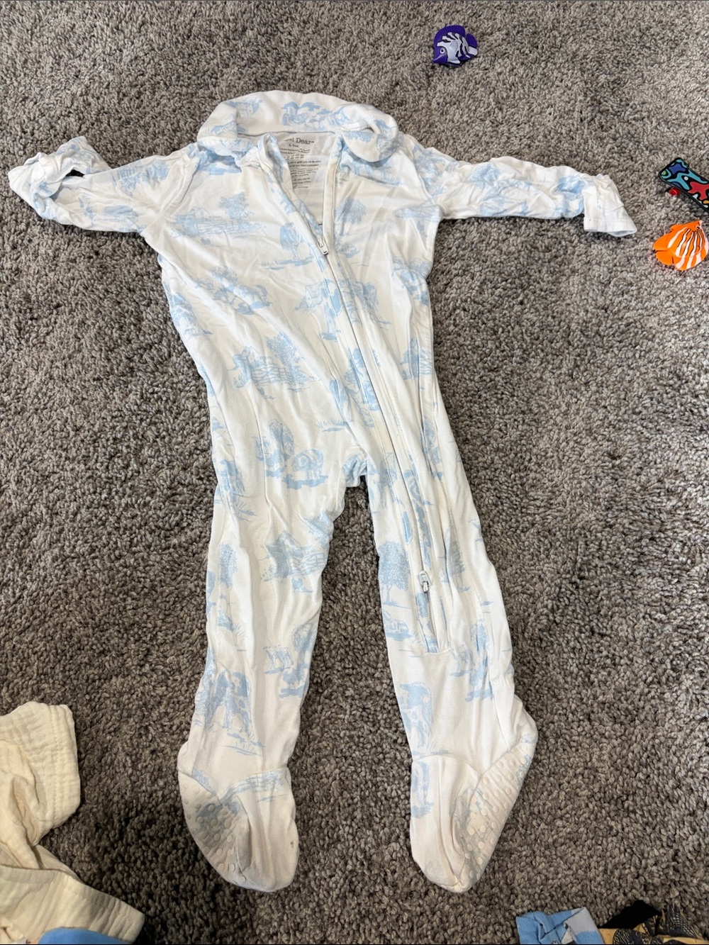 Angel Dear White Footed One-Piece with Light Blue Animal Print